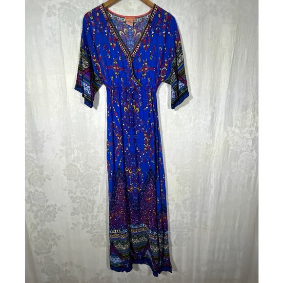 Flying Tomato Maxi Dress XS Blue Geometric Print Cross Front Boho - Picture 1 of 11